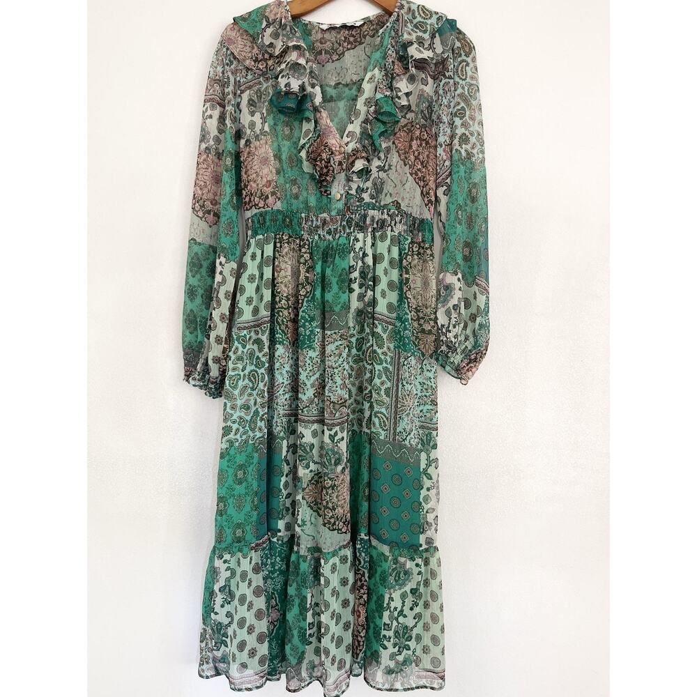 Zara Dress Womens M Green Patchwork Chiffon Midi Ruffle V Neck Tiered Boho Lined